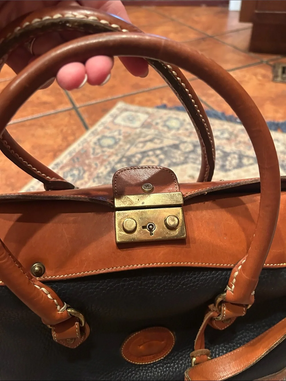 Dooney & Bourke Navy Pebble Leather Satchel with Tan Trim